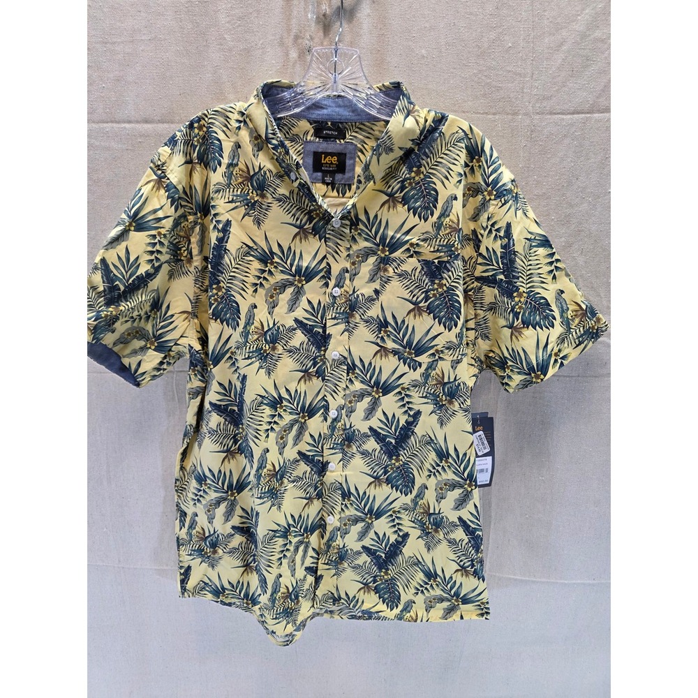 Lee Mens Regular Fit Tropical Parrot Print Short Sleeve Stretch Shirt Yellow‎ L